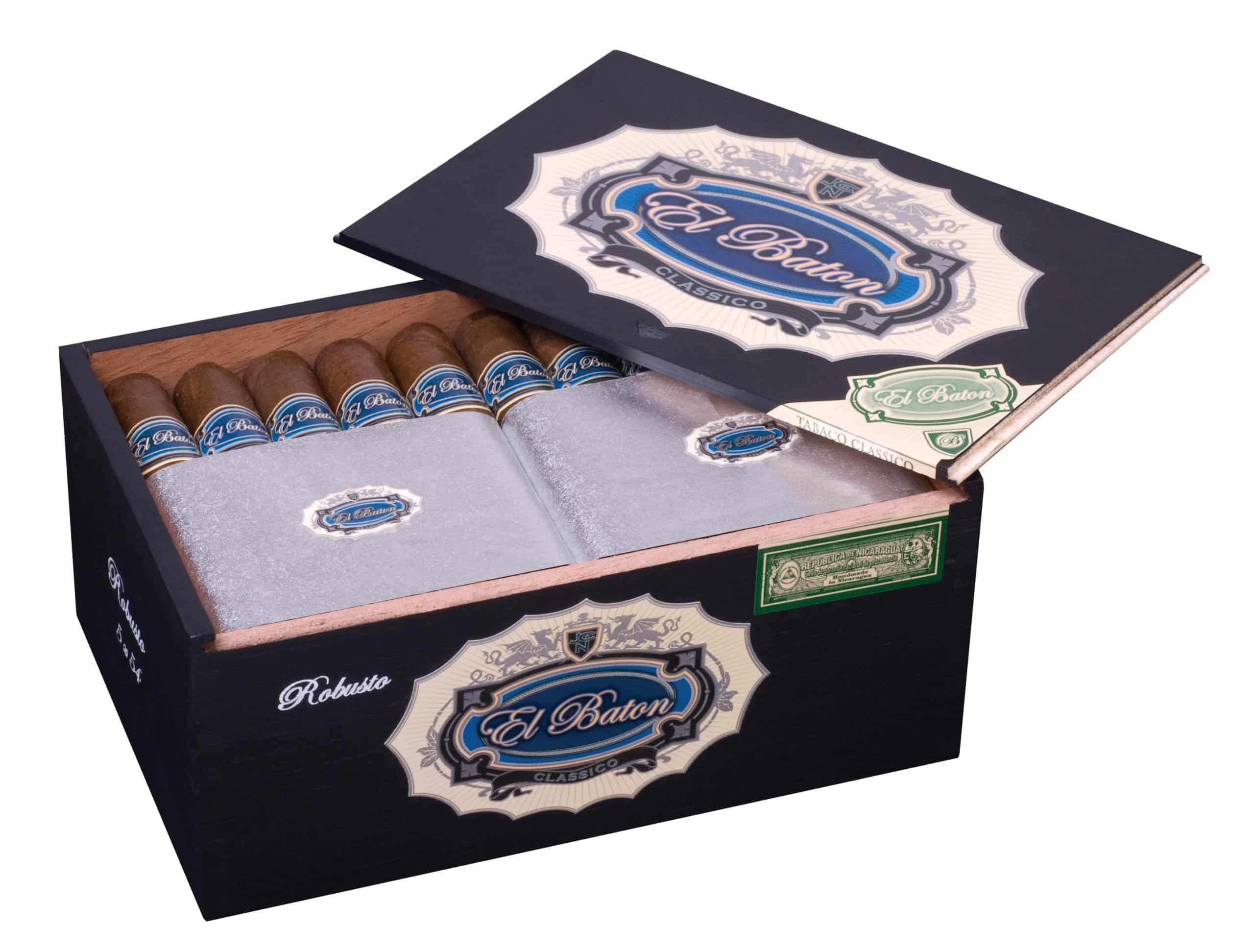 Open box of 25 count El Baton Robusto cigars