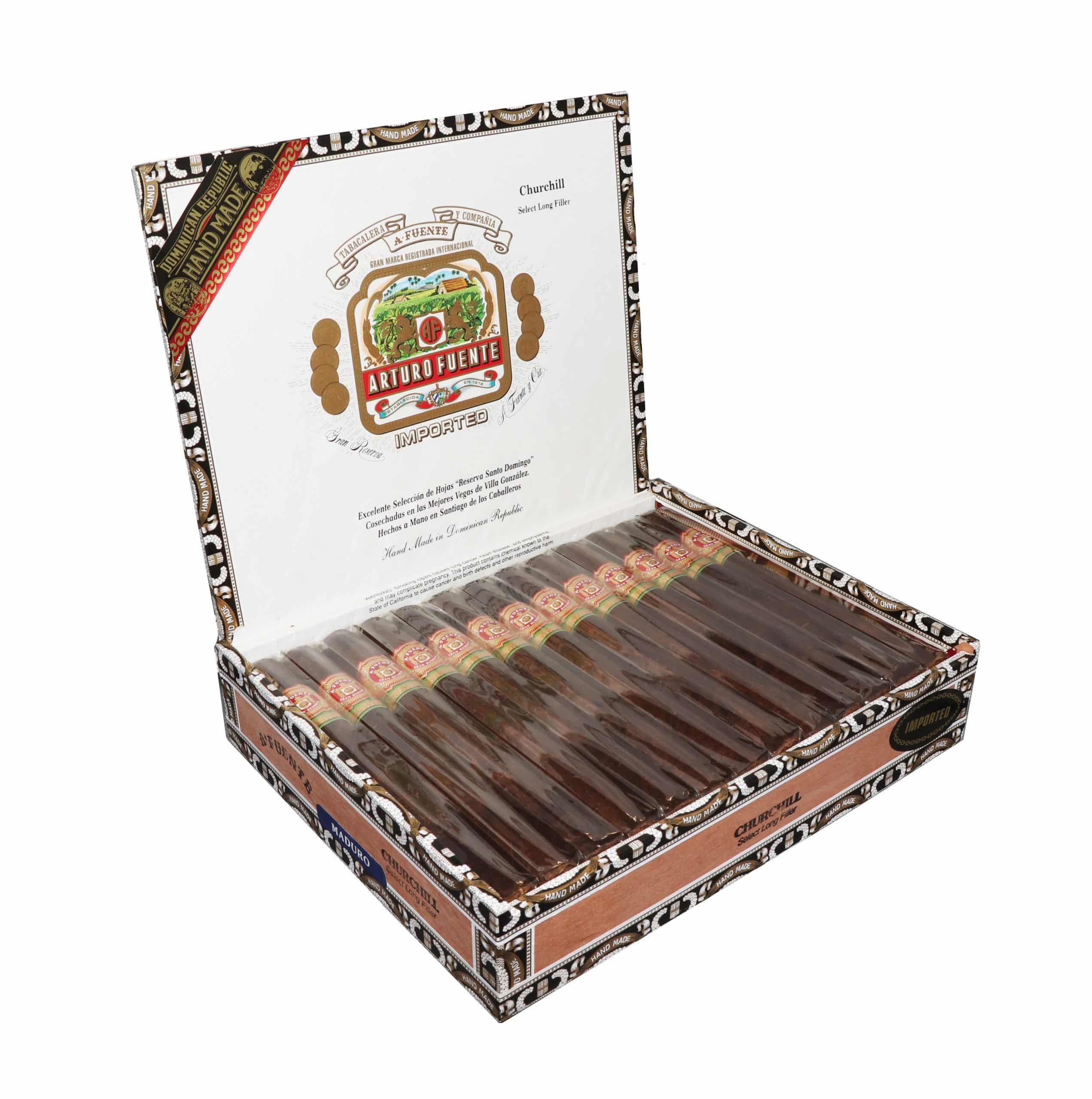 Open box of 25 count Arturo Fuente Gran Reserva Churchill Maduro cigars