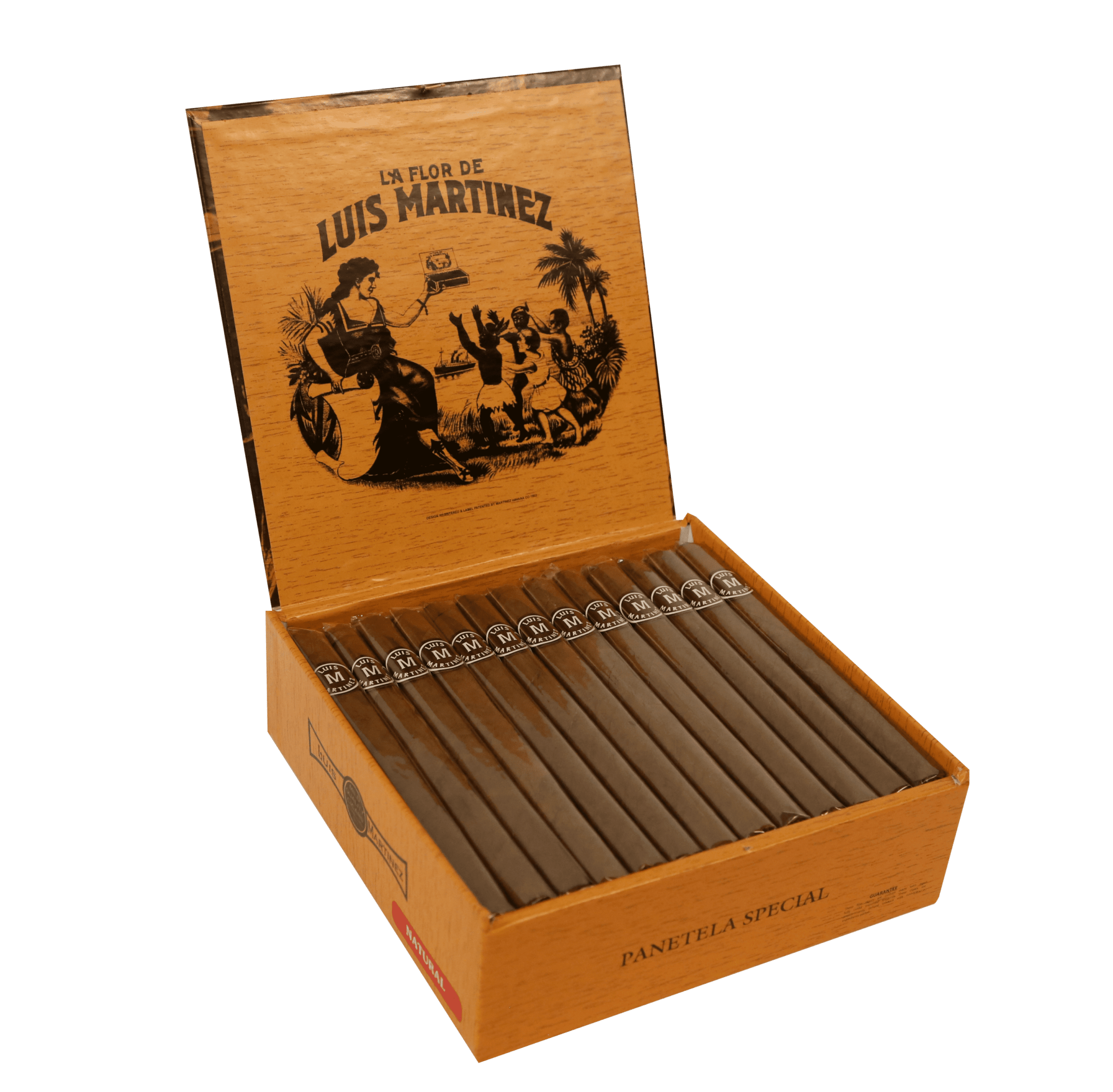 Open box of 50 count Luis Martinez Classic Selection Panatela Special Natural cigars