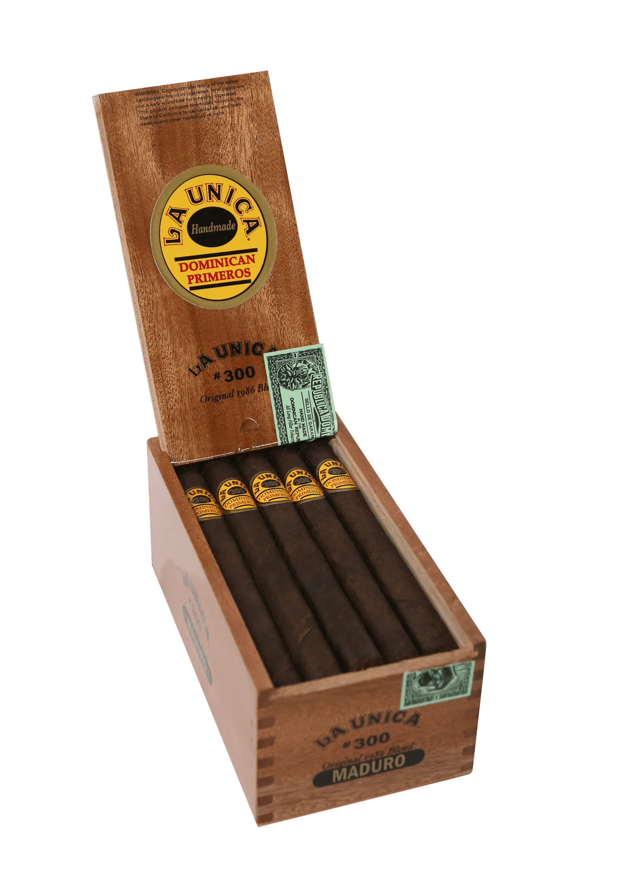 Open box of 20 count La Unica No. 300 Maduro cigars