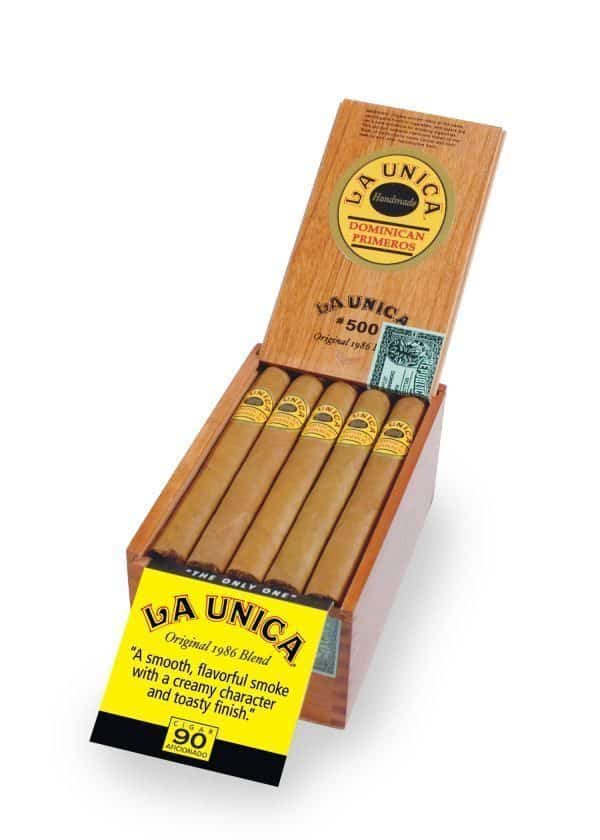 Open box of 20 count La Unica No. 500 Maduro cigars