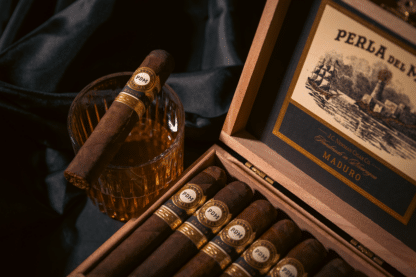 Perla del Mar Maduro Open Box and Single on a Glass of Whiskey