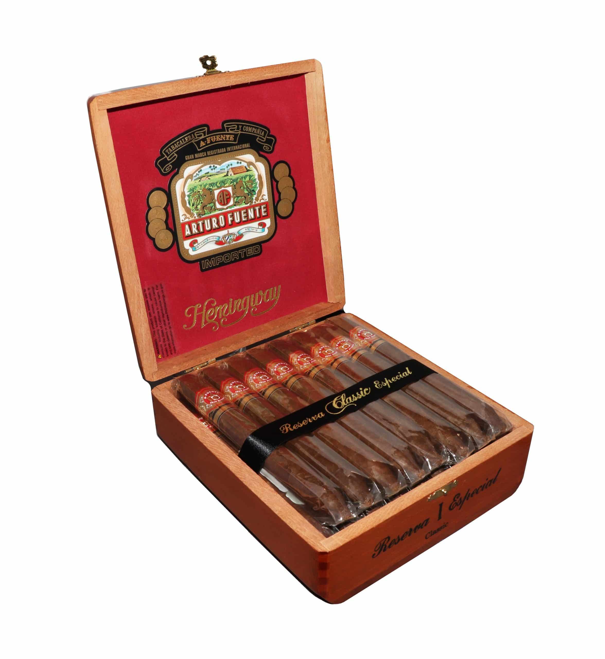 Open box of 25 count Arturo Fuente Hemingway Classic cigars