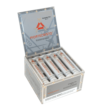 Open box of 15 count Montecristo Platinum Series Rothchilde Tube cigars