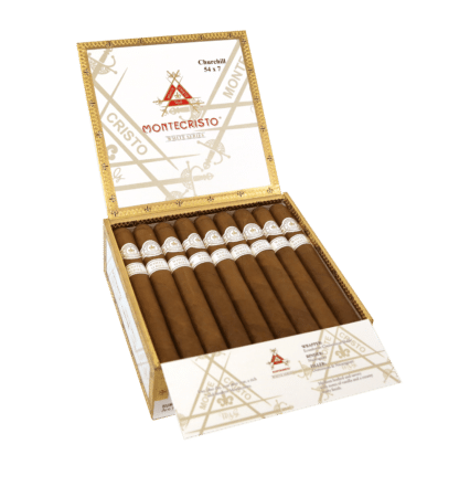 Open box of 27 count Montecristo White Series Churchill cigars