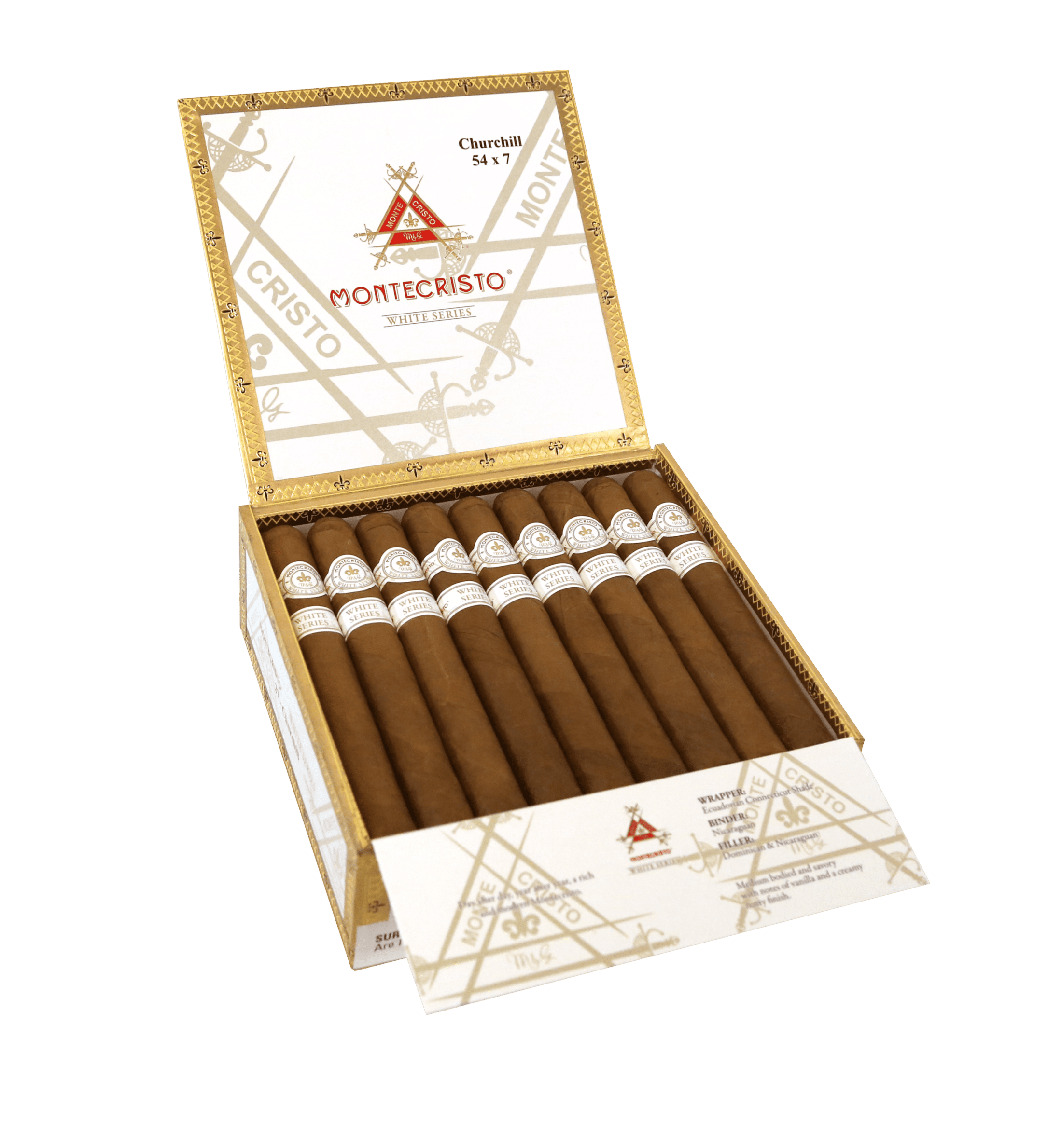 Open box of 27 count Montecristo White Series Churchill cigars