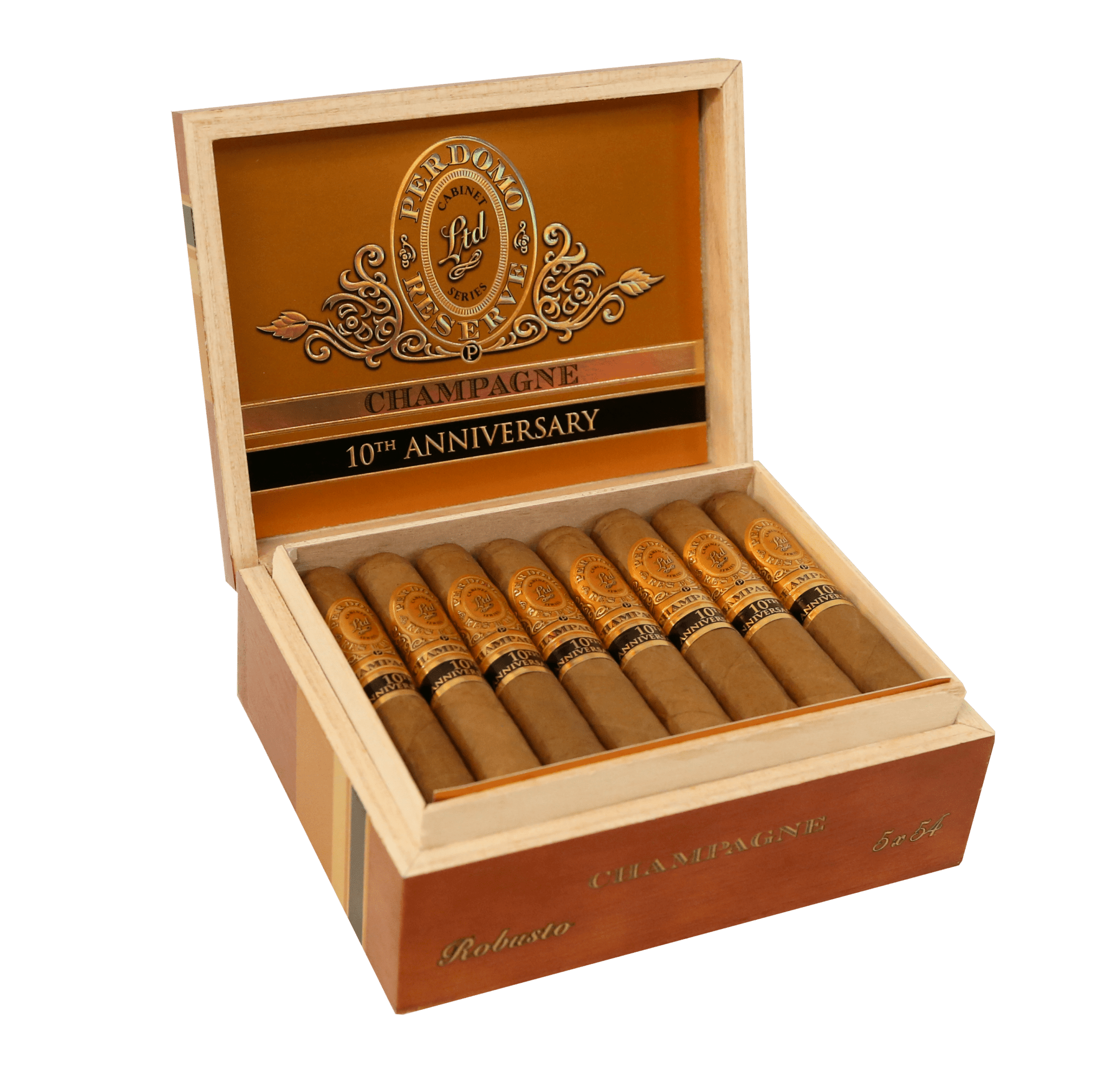 Open box of 25 count Perdomo Reserve 10th Anniversary Champagne Robusto cigars