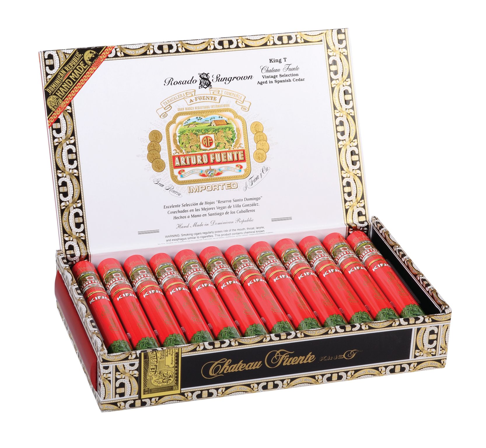 Open box of 24 count Arturo Fuente Chateau King T Rosado cigars