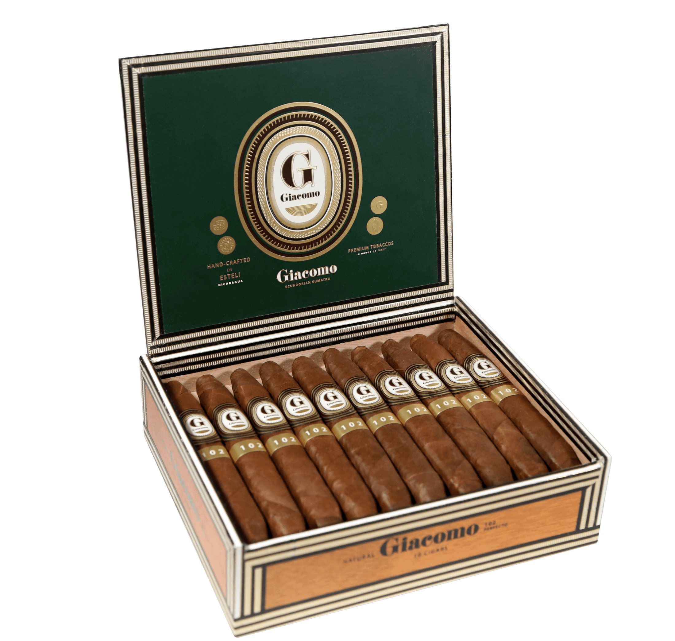 Open box of 10 count Giacomo Perfecto Cuadrado 102 cigars