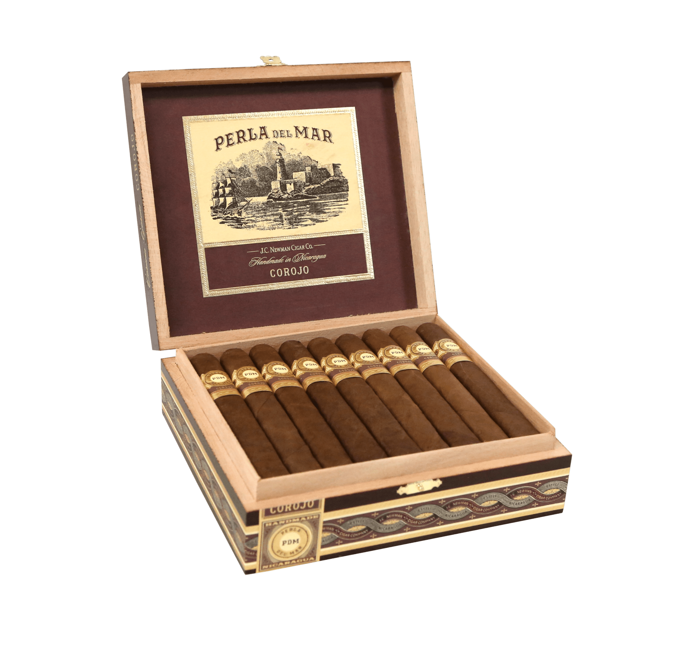 Open box of 25 count Perla Del Mar Corojo Corona Gorda cigars