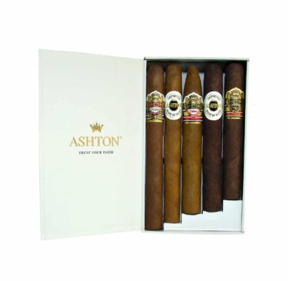 Open box of Ashton 5 cigar assortment with varying sizes