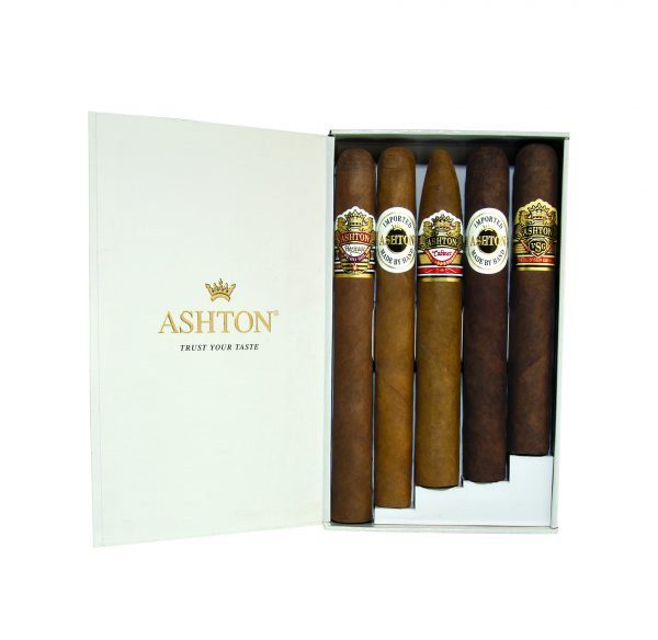 Open box of Ashton 5 cigar assortment with varying sizes