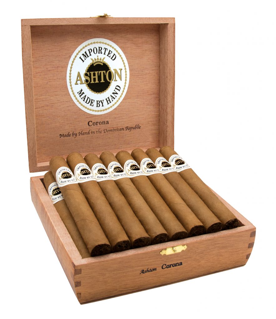 Open box of 25 count Ashton Corona cigars