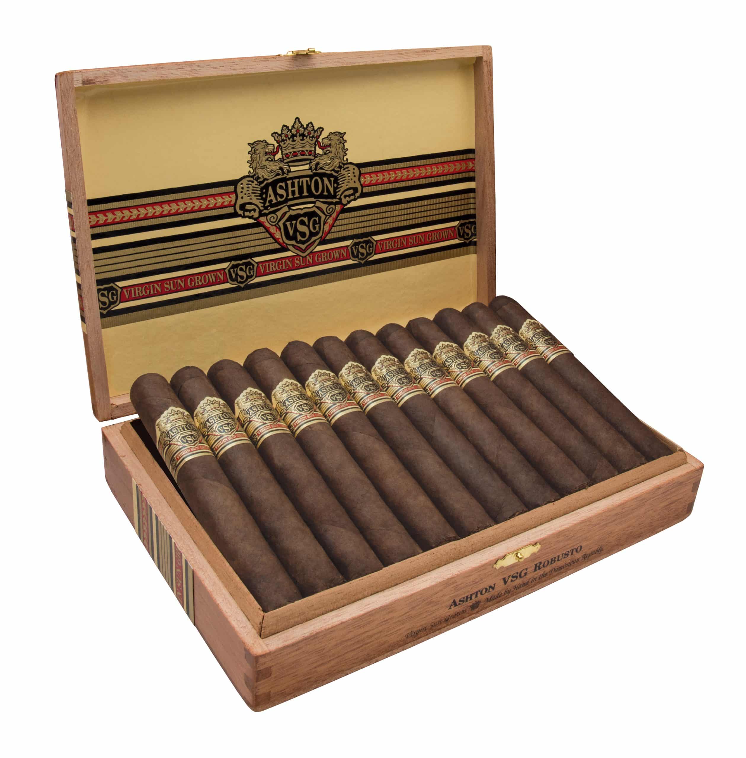 Open box of 12 count Ashton VSG Robusto cigars