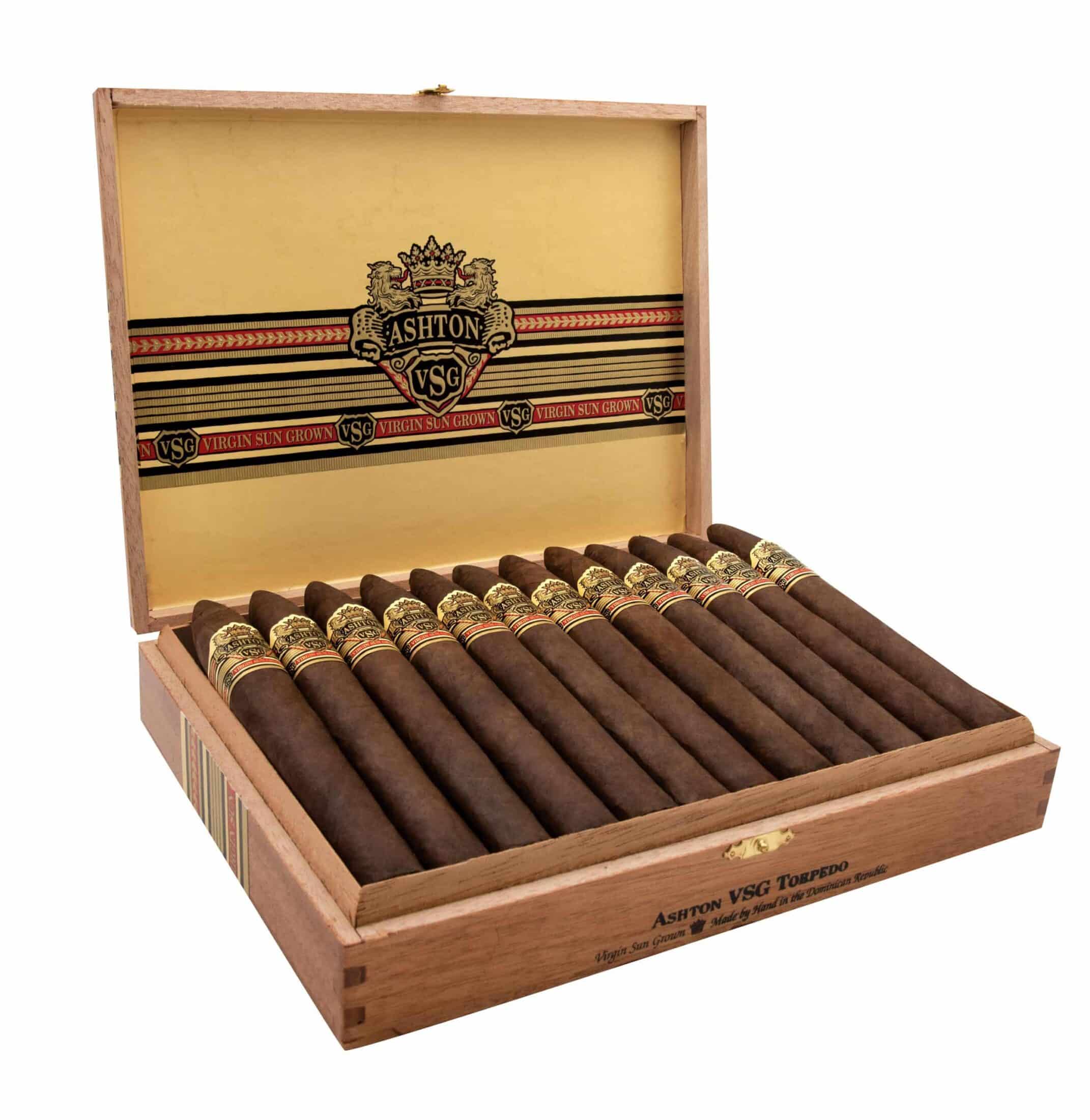 Open box of 12 count Ashton VSG Torpedo cigars