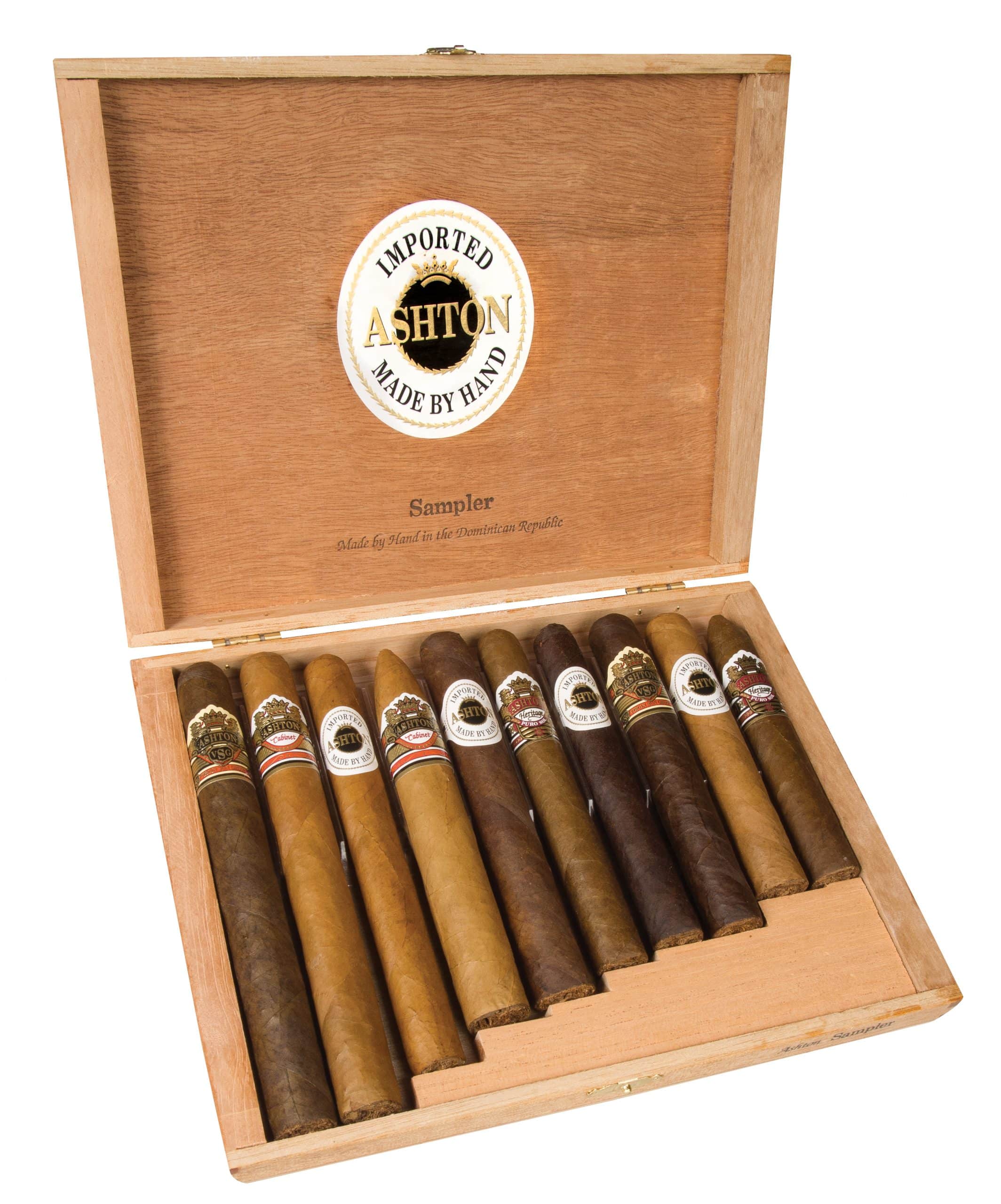 Open box of Ashton 10 count Cigar Sampler with varying sizes