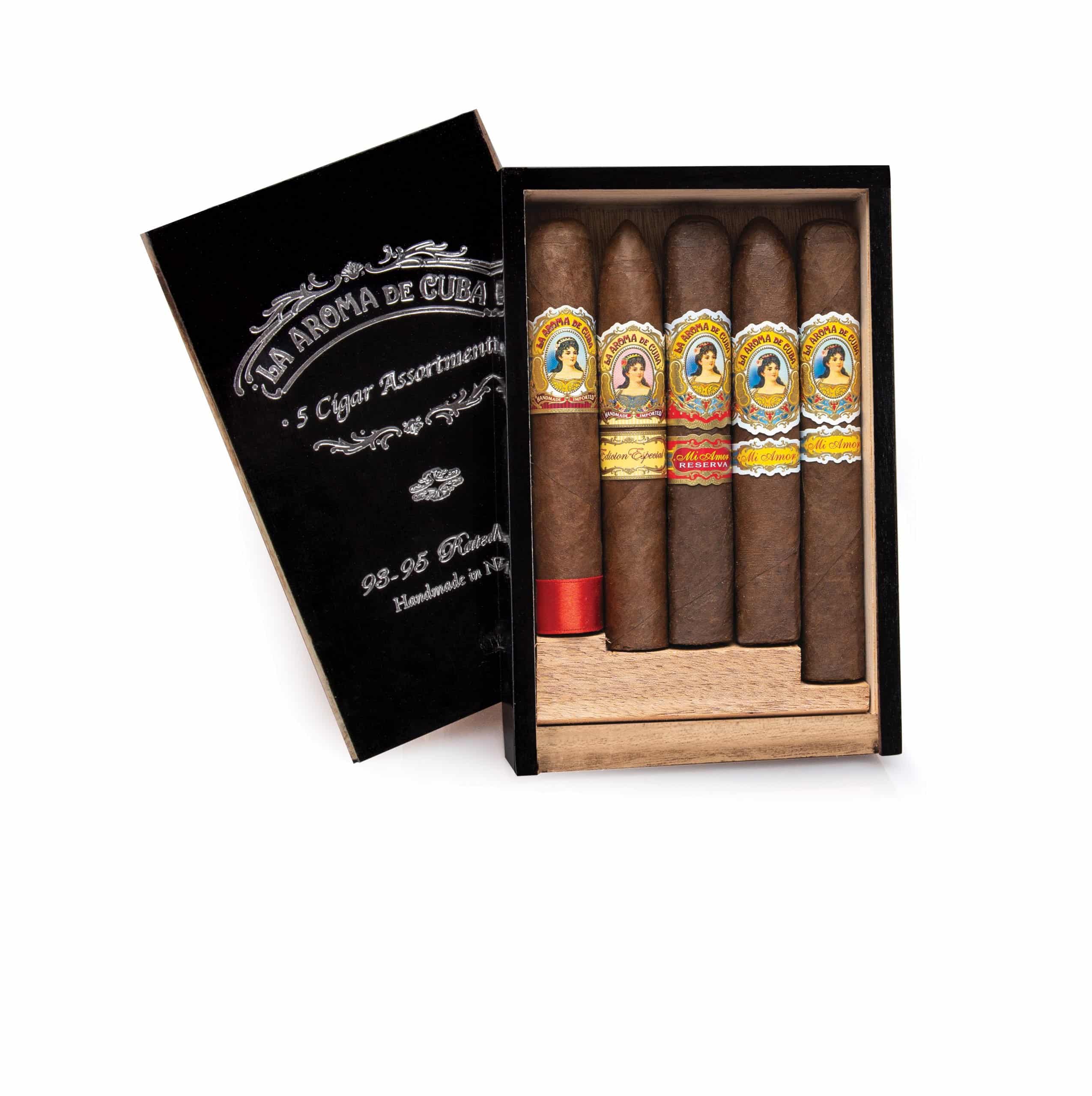 Open box of La Aroma de Cuba 93-95 Rated 5 count Cigar Sampler