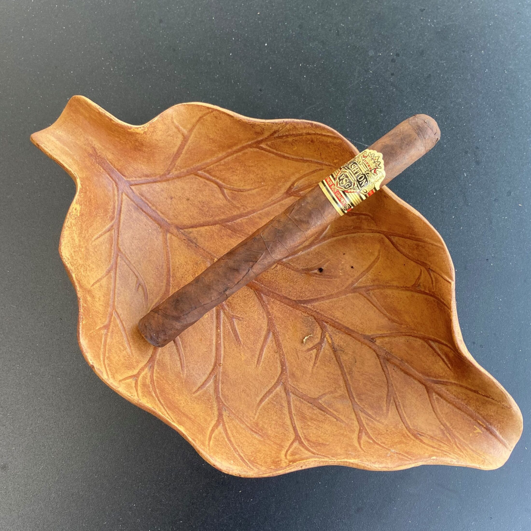 Single Ashton VSG Sorcerer cigar laid in an orange leaf shaped ashtray