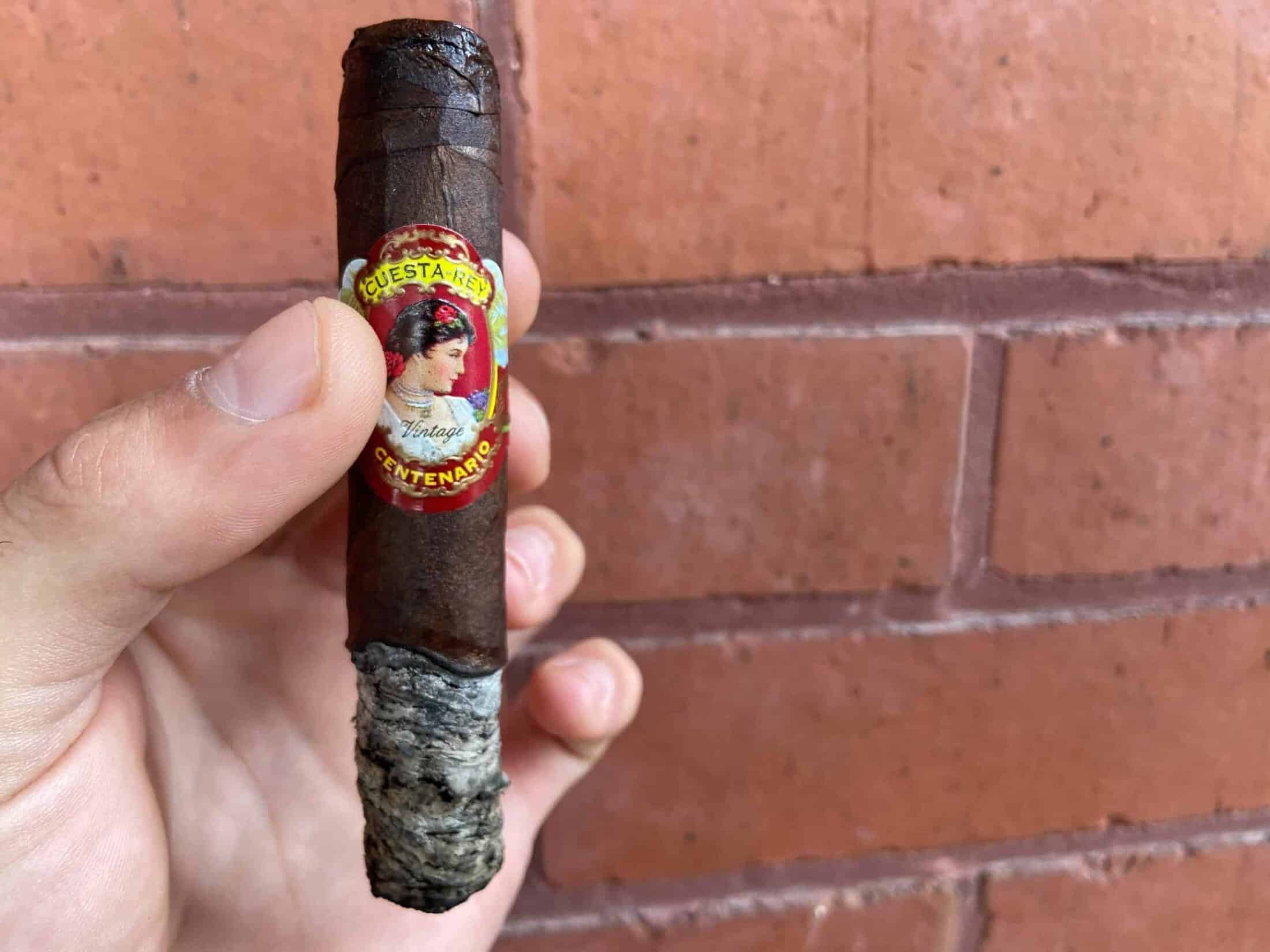 Hand holding Cuesta Rey No. 7 in front of brick wall with ash on the end