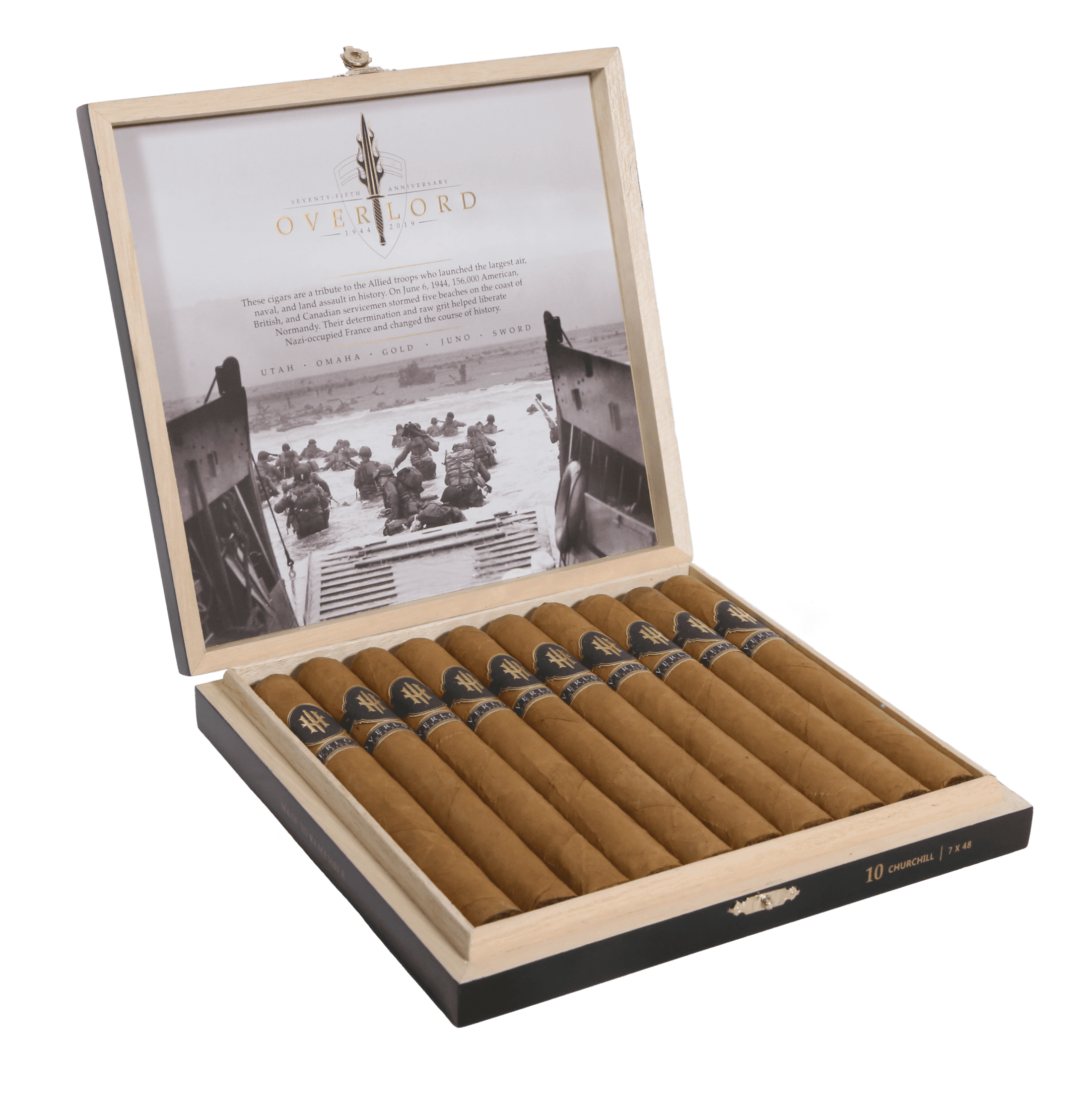 Open box of 10 count Hooten Young Overlord Churchill cigars