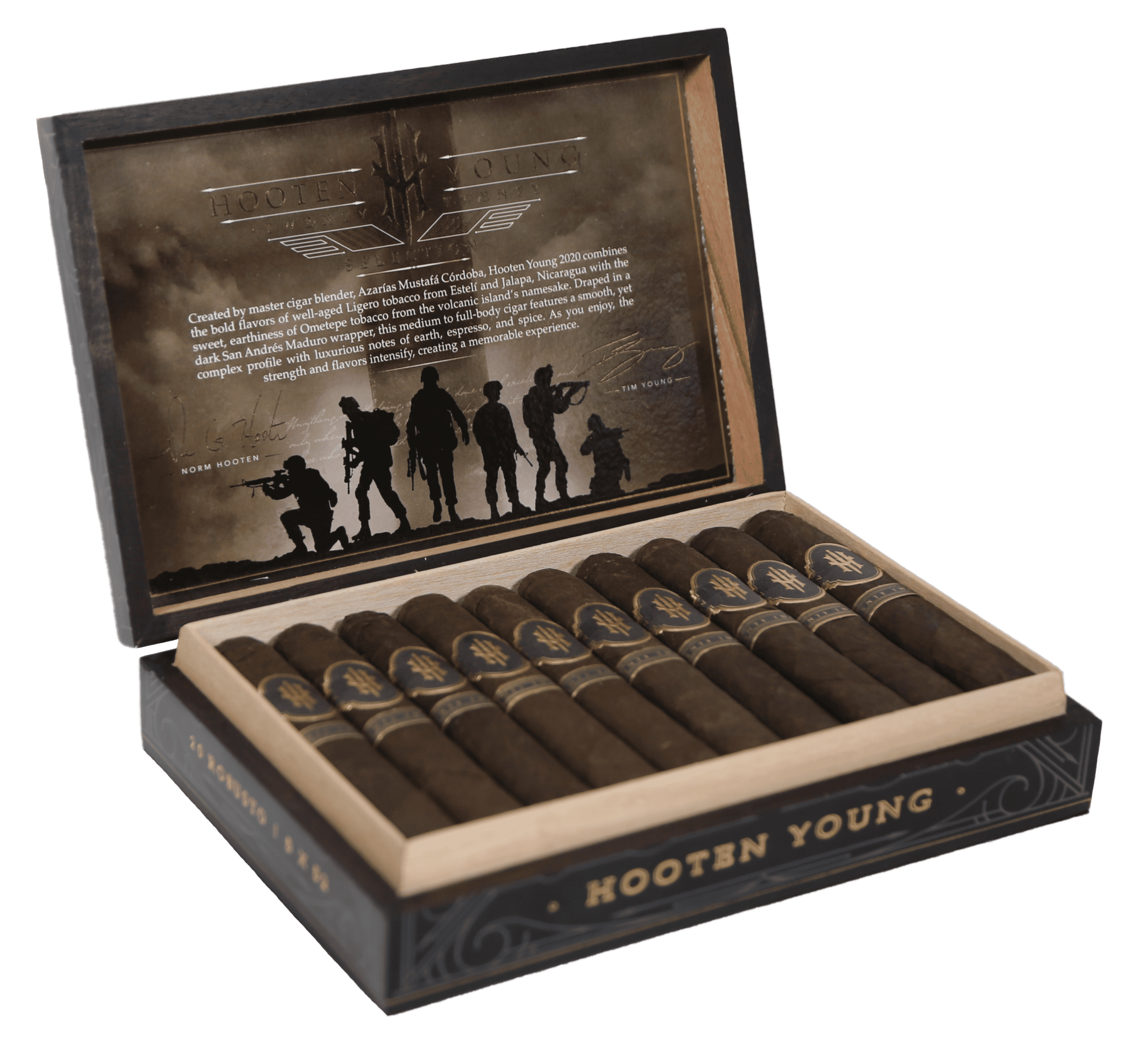 Open box of 20 count Hooten Young Robusto cigars