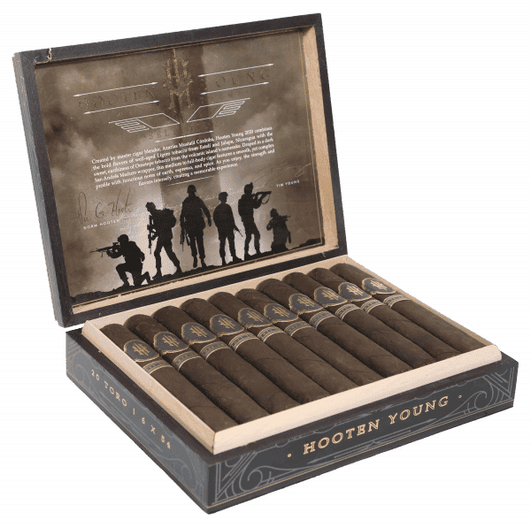 Open box of 20 count Hooten Young Toro cigars
