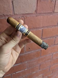 Hand holding a lightly ashed Perdomo Lot 23 Connecticut Toro cigar